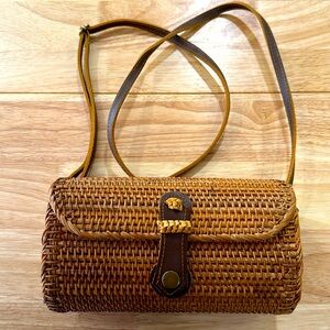 Rattan woven purse with pinstripe lining